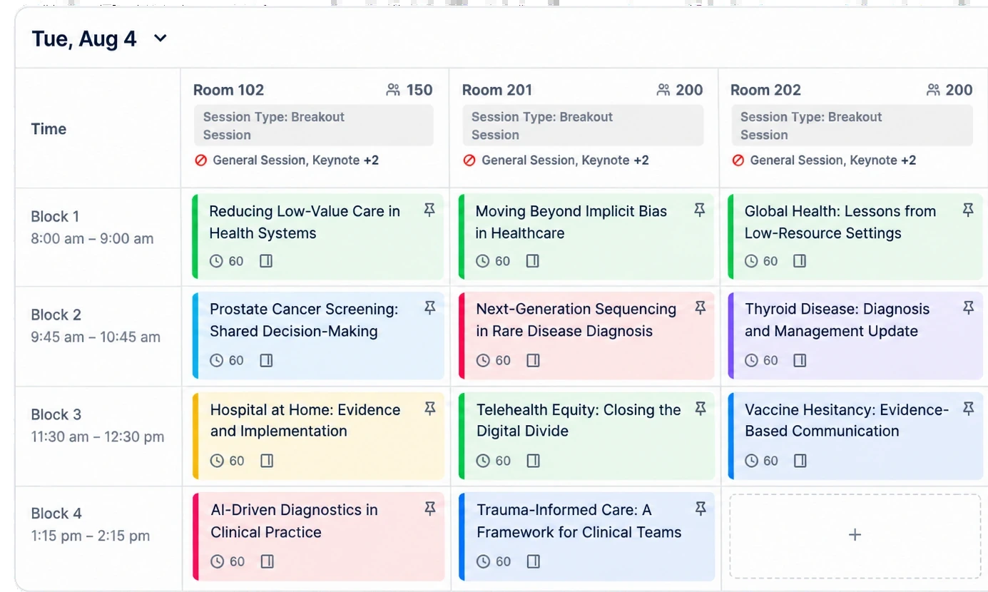 OperationsIQ schedule grid for Tuesday, August 4: sessions placed across rooms 102, 201 and 202 with capacity, session type and conflict indicators